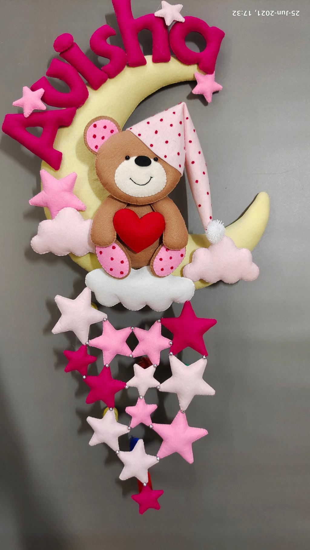 Personalised Teddy on Moon with Stars Handmade Kids Room Decor