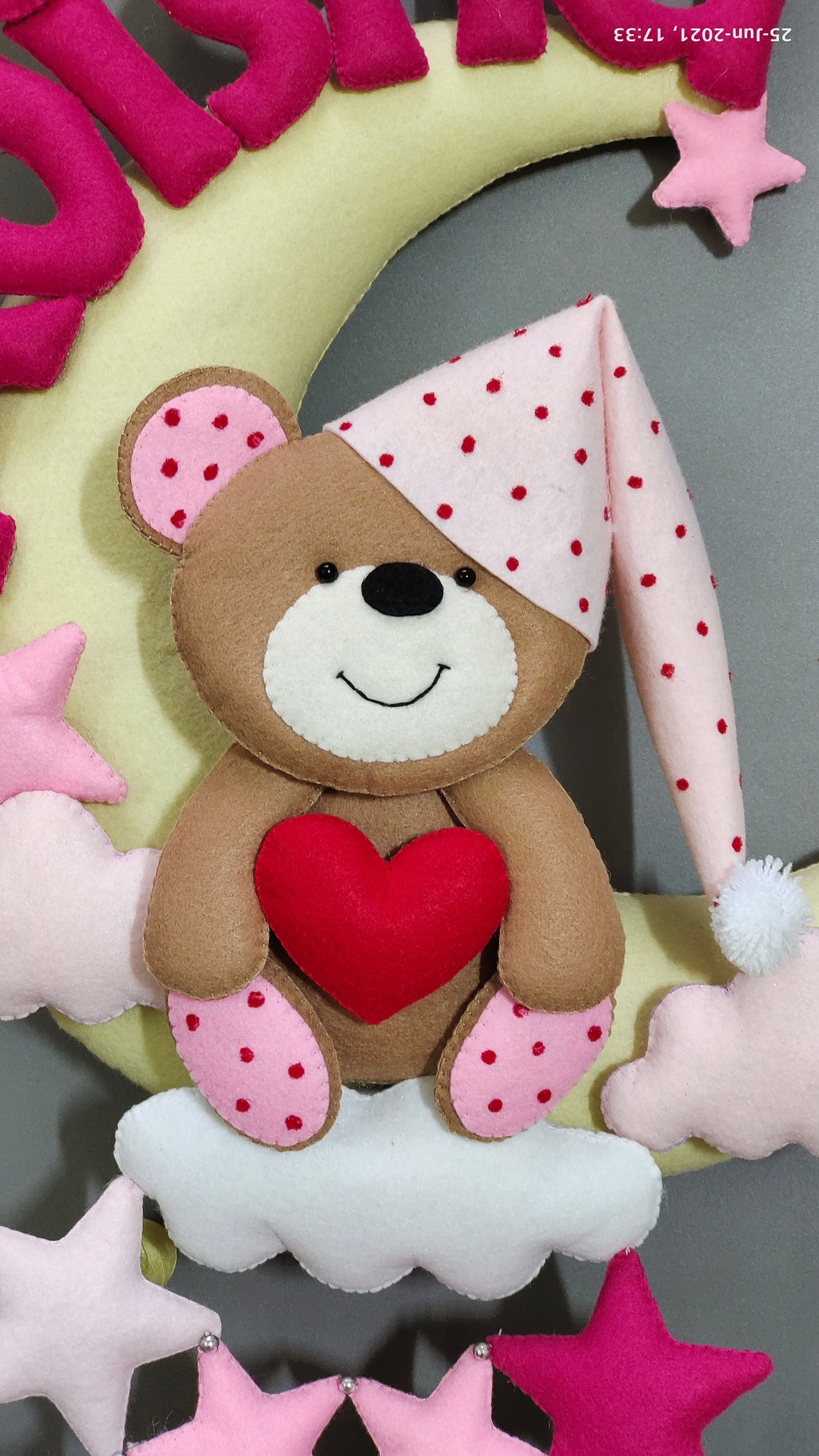 Personalised Teddy on Moon with Stars Handmade Kids Room Decor