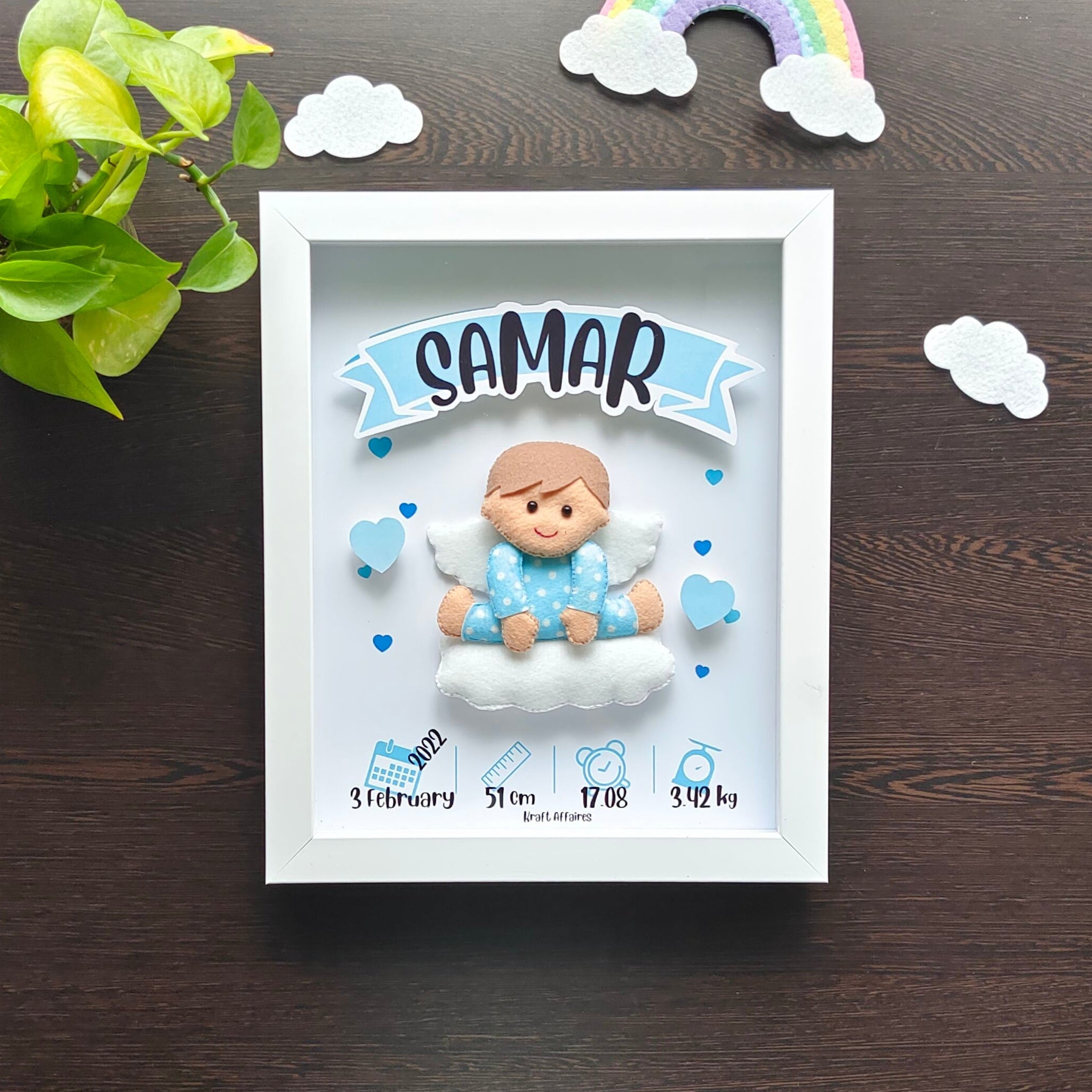Personalised baby boy angel birth memory frame