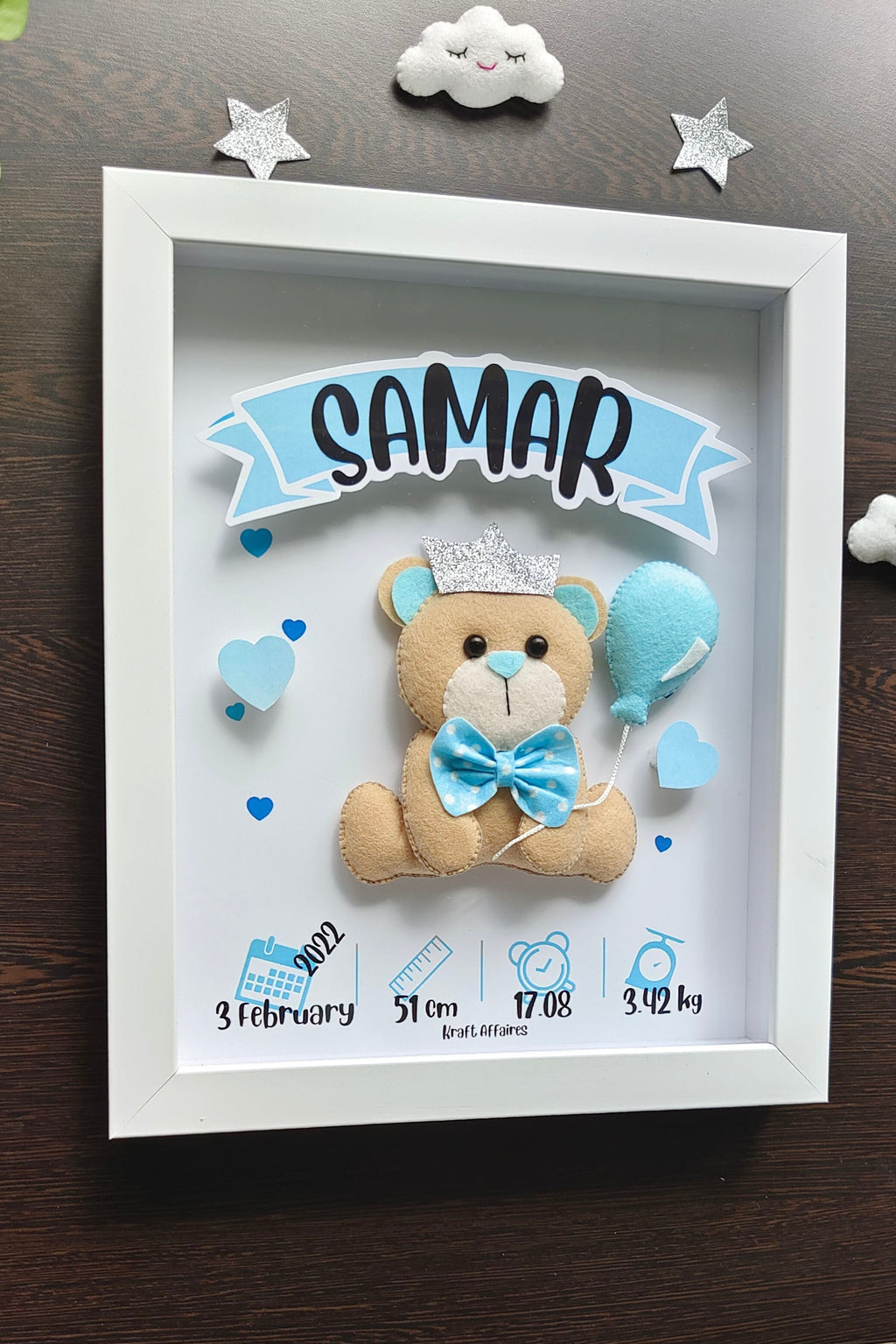 Personalised prince teddy birth memory frame