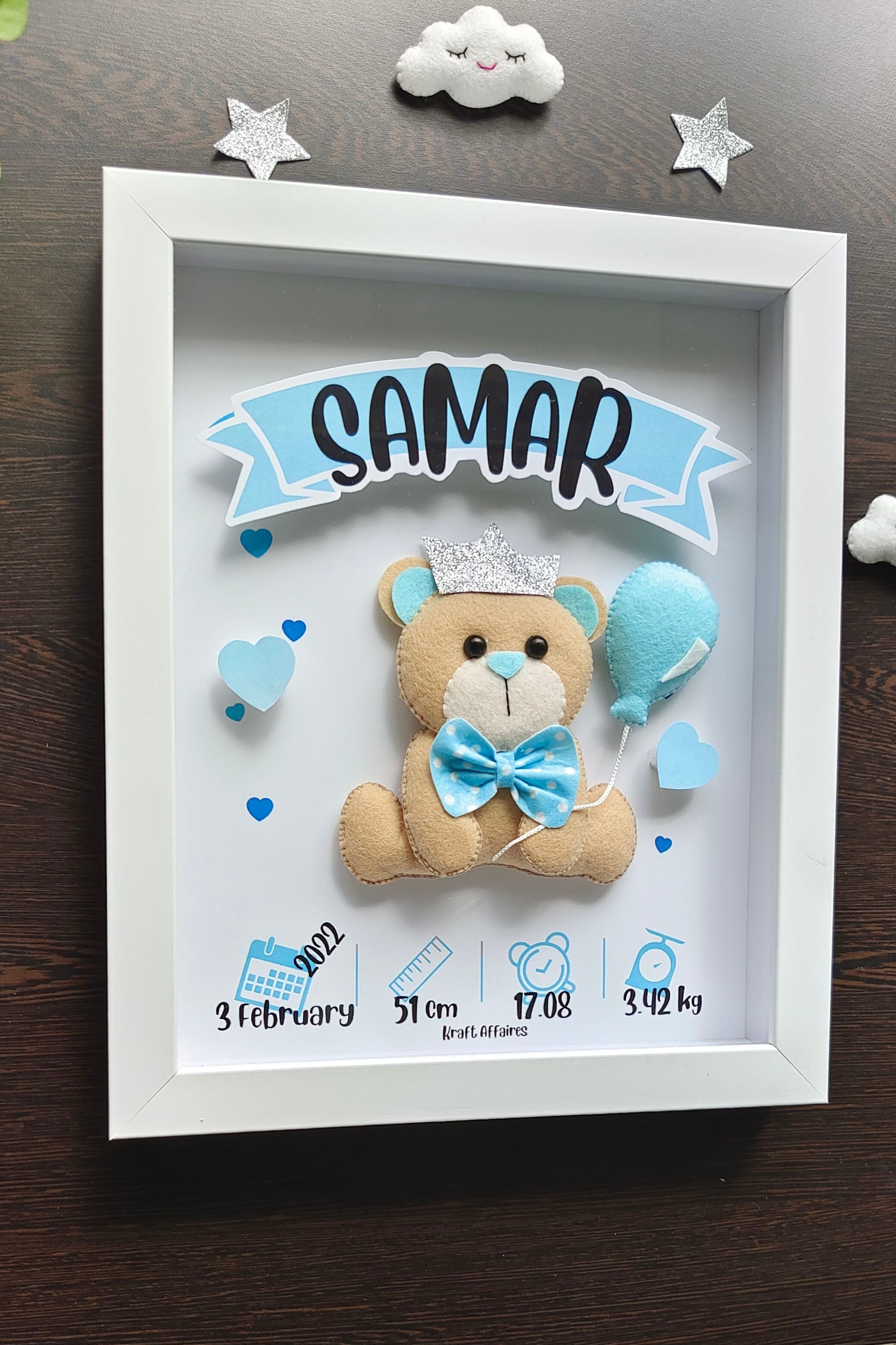 Personalised prince teddy birth memory frame