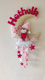 Personalised Teddy on Moon with Stars Handmade Kids Room Decor