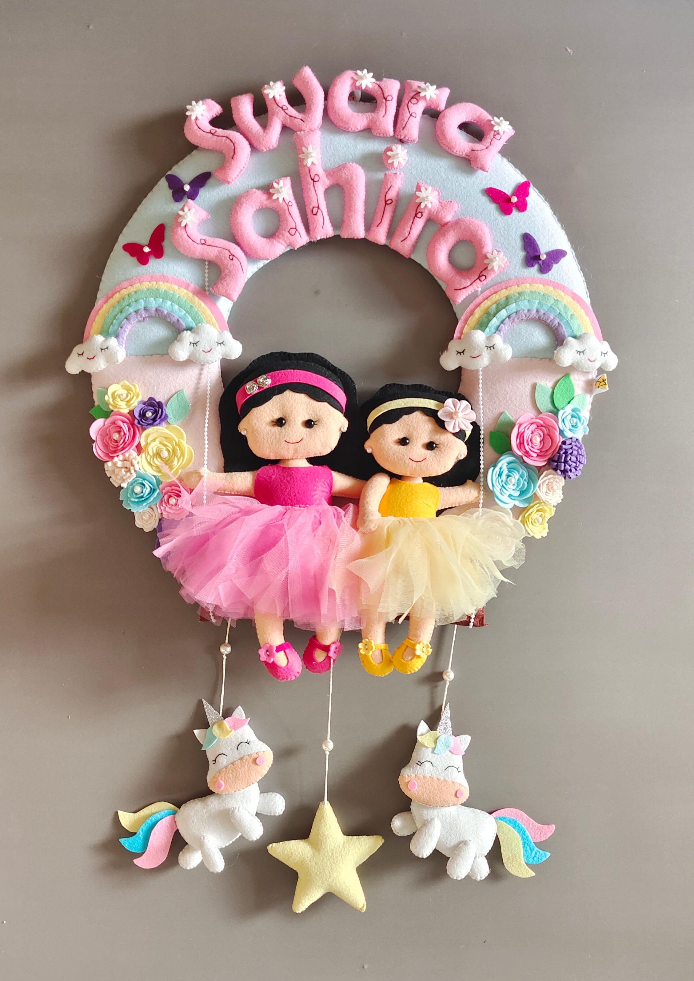 Personalized Sisters on the Swing with Unicorn