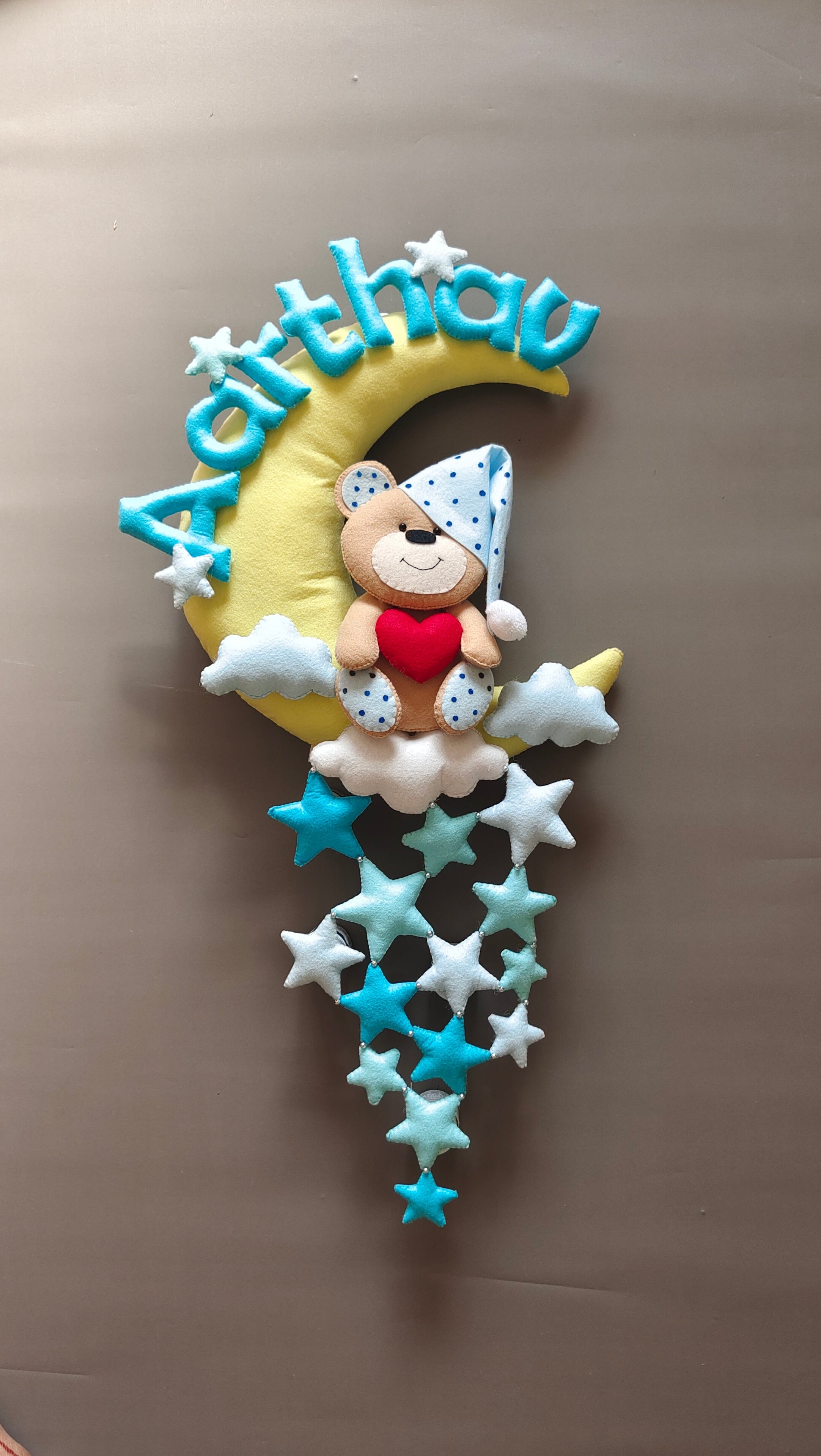 Personalised Teddy on Moon with Stars Handmade Kids Room Decor