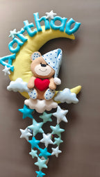 Personalised Teddy on Moon with Stars Handmade Kids Room Decor