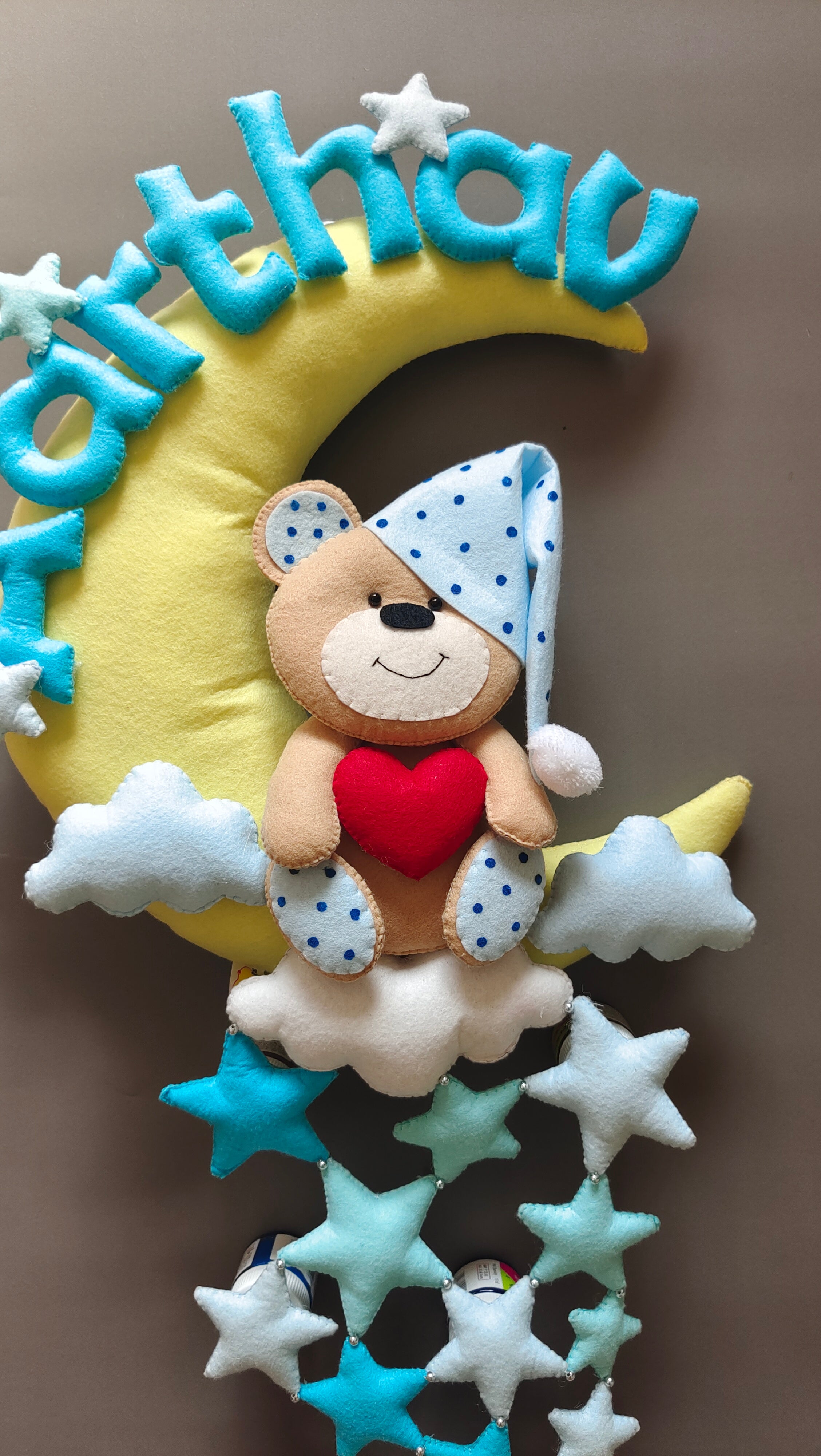Personalised Teddy on Moon with Stars Handmade Kids Room Decor