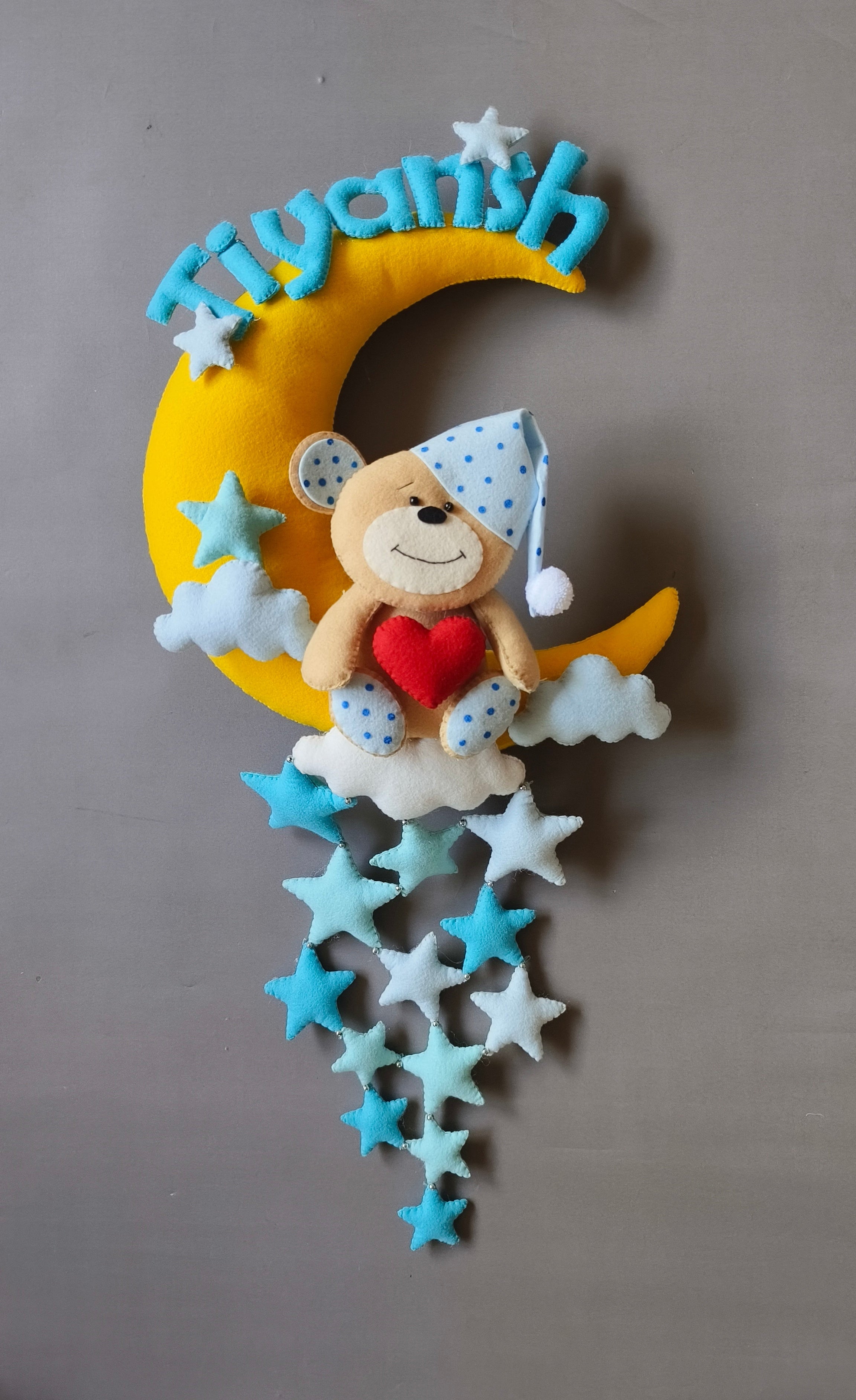 Personalised Teddy on Moon with Stars Handmade Kids Room Decor