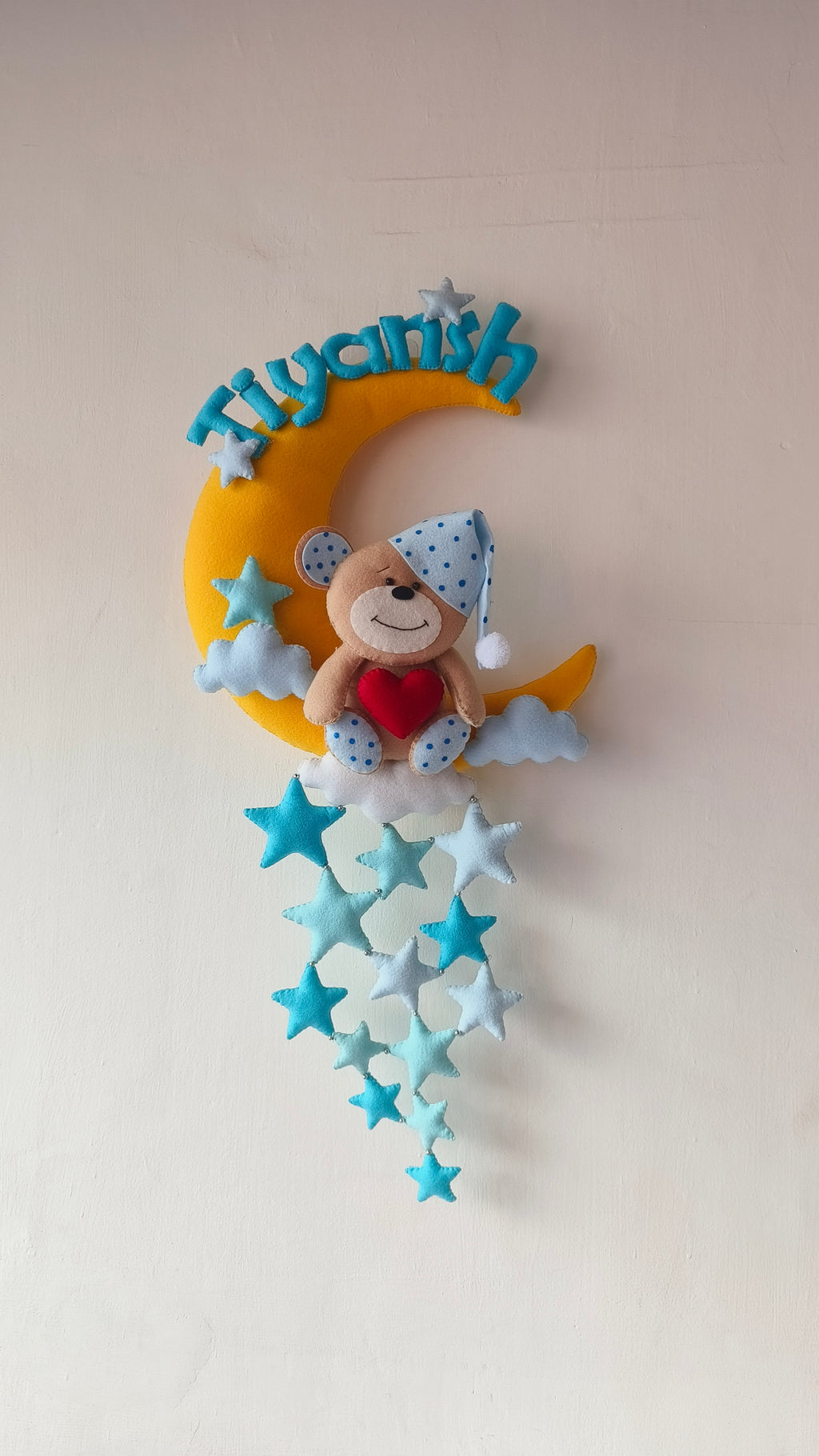 Personalised Teddy on Moon with Stars Handmade Kids Room Decor