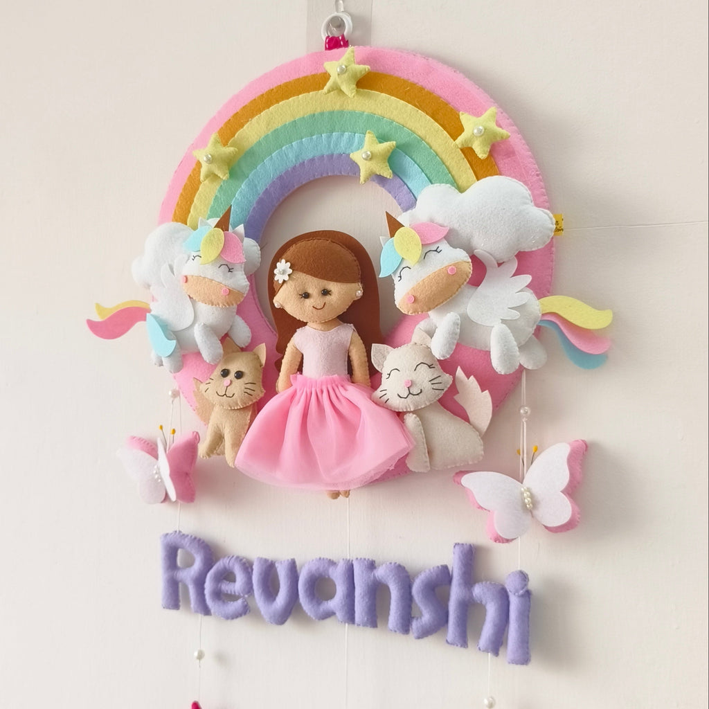 Personalized Rainbow Girl with cats Handmade Wall Decor for Kids Room