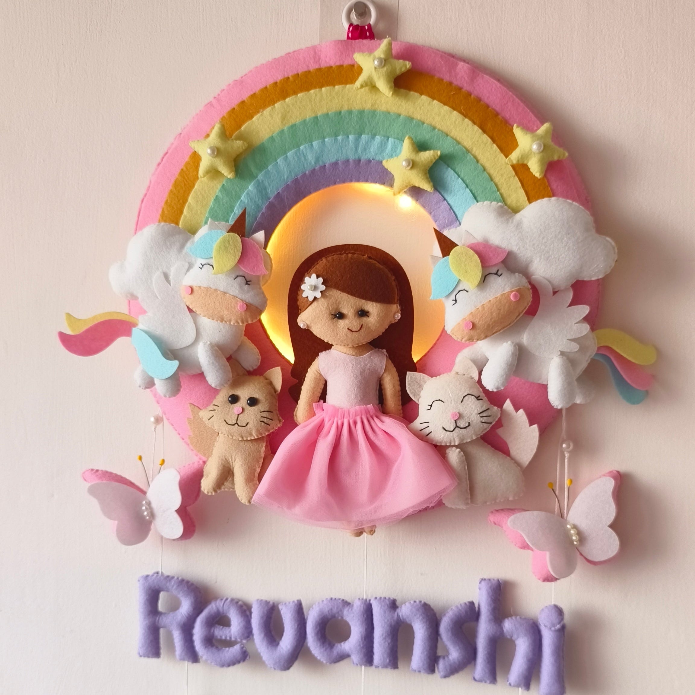 Personalized Rainbow Girl with cats Handmade Wall Decor for Kids Room