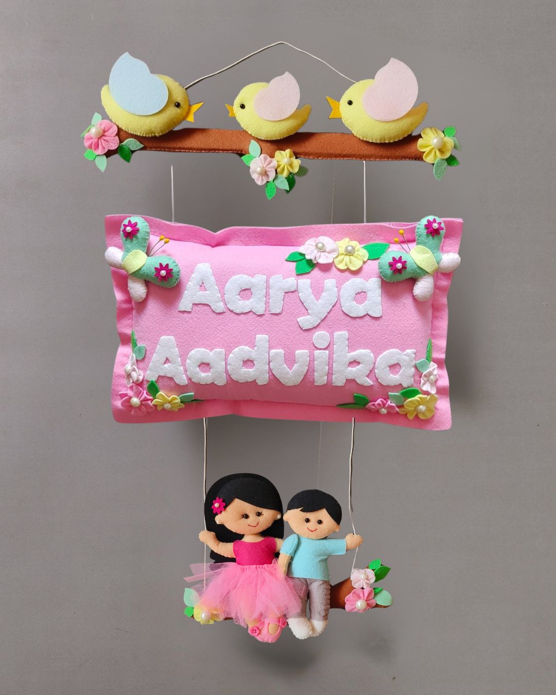 Personalised Bird Family with Siblings Custom Name Wall Hanging