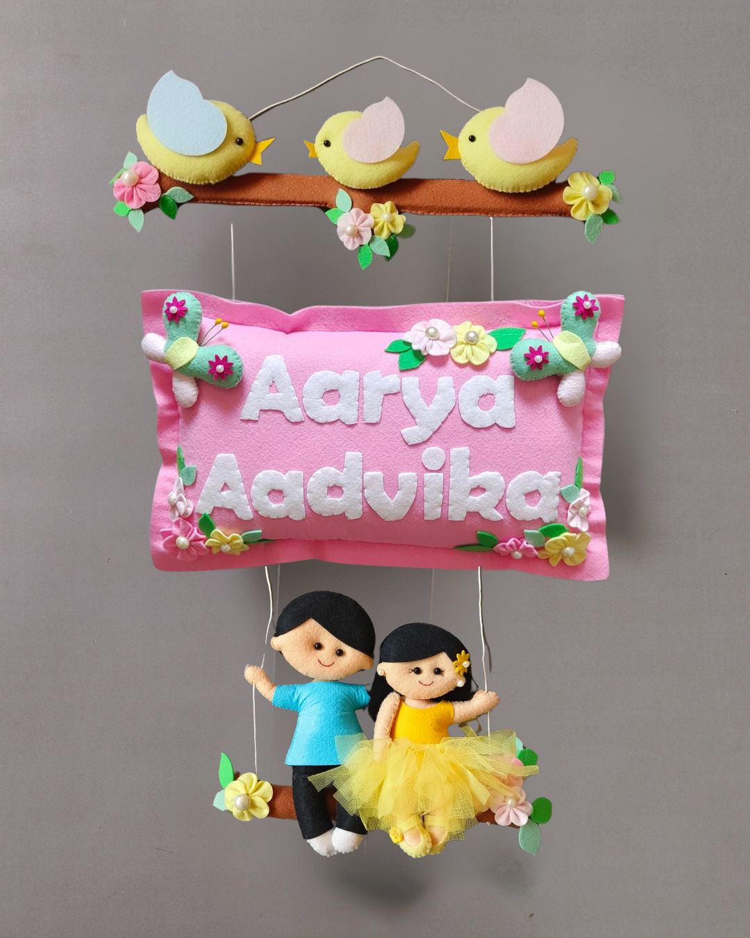 Personalised Bird Family with Siblings Custom Name Wall Hanging