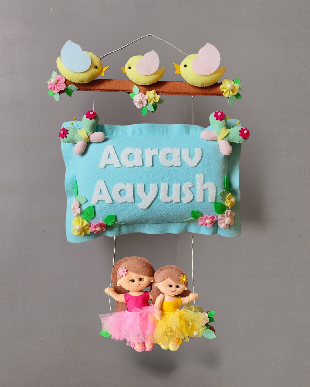 Personalised Bird Family with Siblings Custom Name Wall Hanging